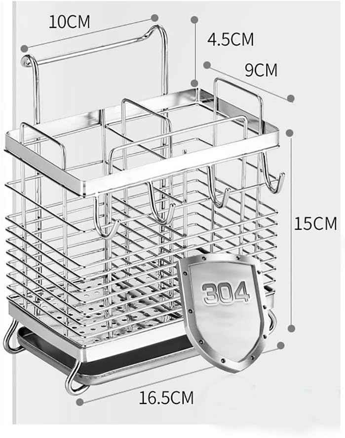 Sturdy 304 Stainless Steel Utensil Drying Rack, Basket Holder with Hooks 2 Compartments Draining Basket, Rust Proof, No Drilling,Kitchen Dish Drainer Dish Drying Rack