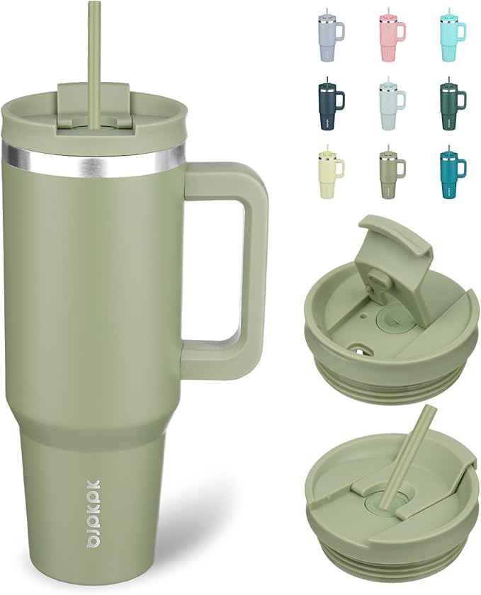 BJPKPK 40 oz Insulated Tumbler With Lid And Straw Stainless Steel Tumblers Cup With Handle For Women And Men,Sage
