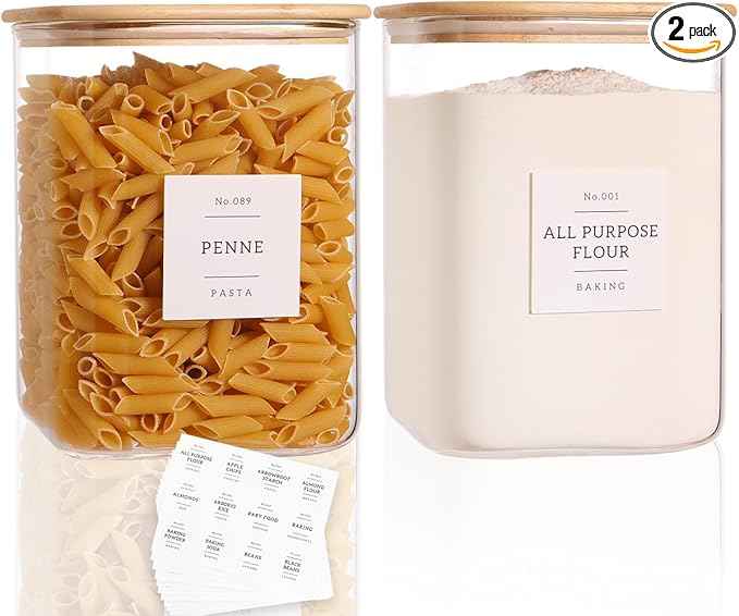 2 Pack Square Glass Flour and Sugar Containers with 132 Kitchen Pantry Labels - Thicken 120 FL OZ Large Glass Storage Jars with Airtight Bamboo Lid - Big Food Canisters for Cookies, Rice, Coffee