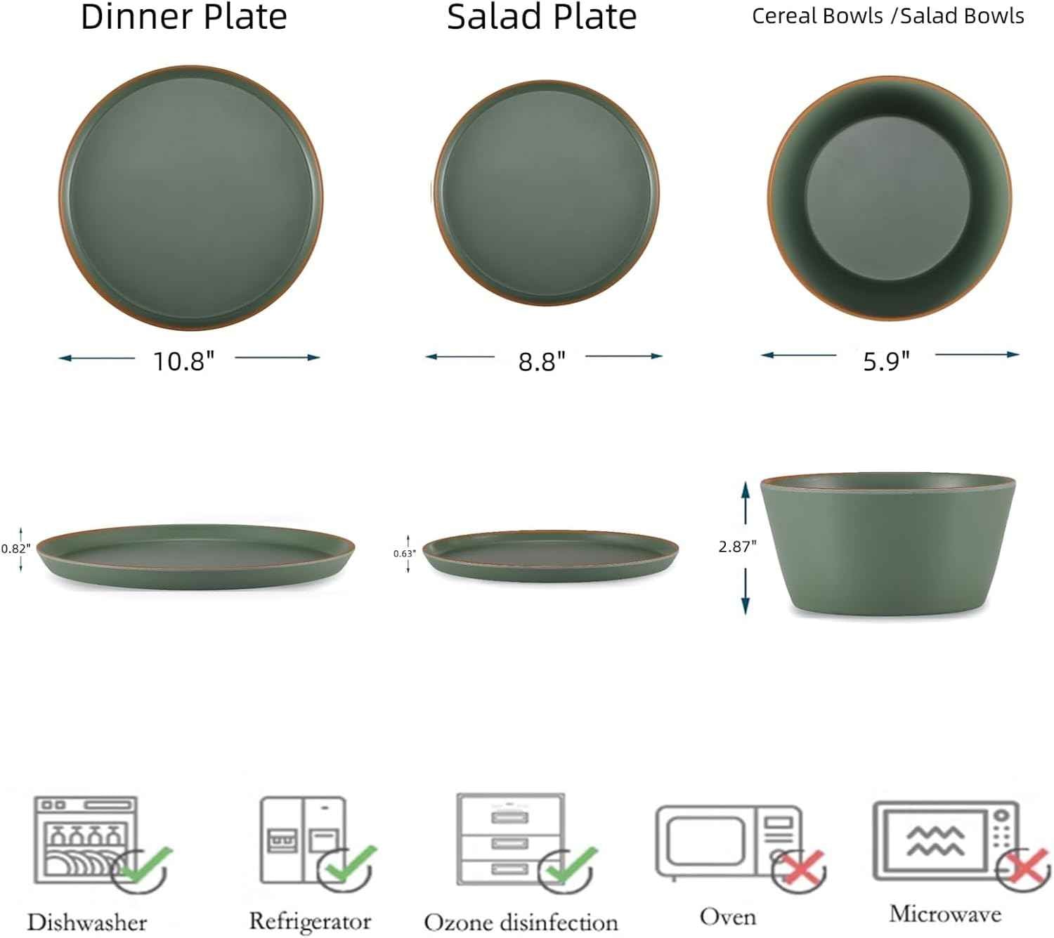 Melamine Dinnerware for 4, 12 Pieces Unbreakable Matte Plastic Plates and Bowls set, Kitchen Dish set BPA Free, Dishwasher Top Safe, Not Microwave, Not Oven (Green)