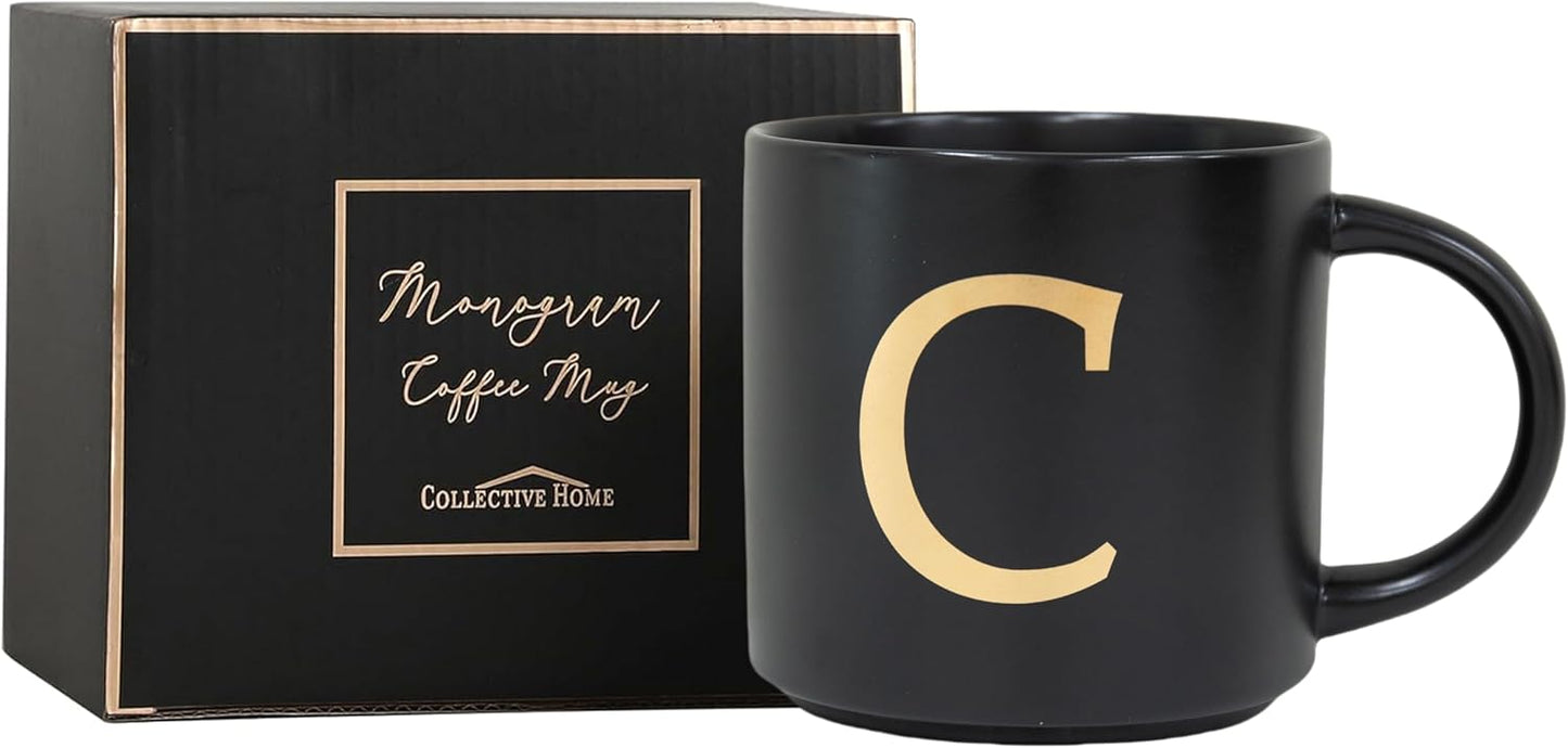 COLLECTIVE HOME - Monogram Ceramic Mugs, 15 oz Golden Initial Black Coffee Cups, Elegant Alphabet Tea Mugs, Elegant Personalized Mug with Gift Box, Unique Mug with Double Side Capital Lette (C)