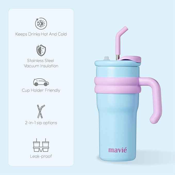 24oz Tumbler With Handle & Metal Straw + Silicone Cover & Sip Spout, Double Insulated Stainless Steel Water Bottle With Rubber Base, Leakproof, Cup Holder Friendly Travel Coffee Mug (Blue)