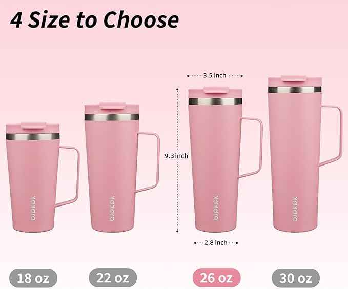 BJPKPK Insulated Tumbler with Handle, 26oz Insulated Tumblers with Lid and Straw, Stainless Steel Metal Water Bottles, Coffee Travel Mugs, Cups, Light Pink