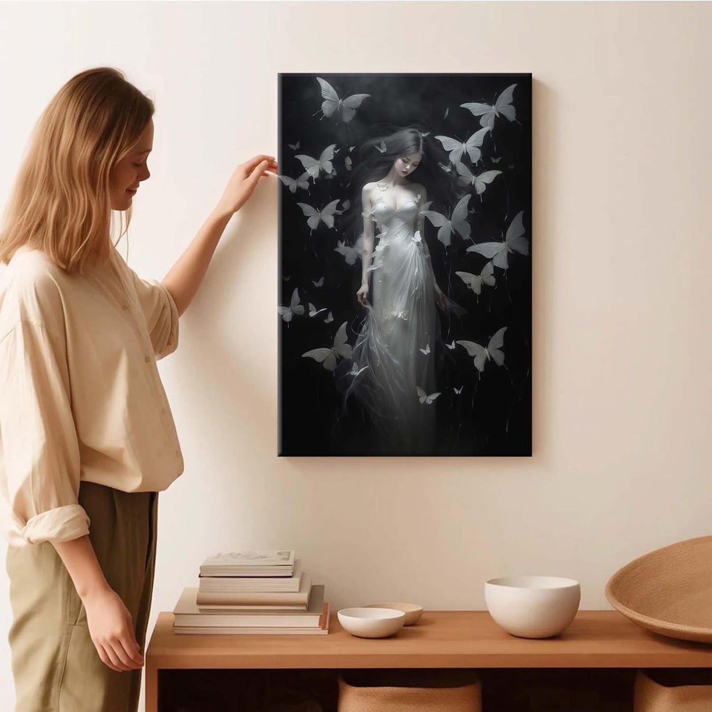 JFHCQJPK Vintage Gothic Feminine Canvas Wall Art Print Butterfly Poster Moody Female Wall Art Retro Artwork Dark College Decor for Home Bedroom16x24in Frameless