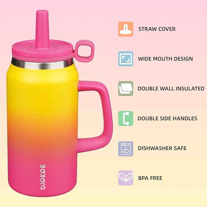 BJPKPK 50oz Insulated Tumbler with Handle Stainless Steel Travel Coffee Mug with Lid Reusable Large Water Bottle with Straw,Rainbow