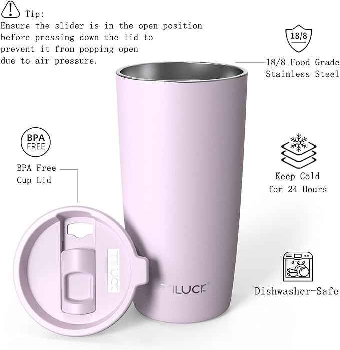 TILUCK 20 oz Insulated Tumbler with BPA-Free Lid, Stainless Steel Vacuum Travel Coffee Mug, Double Wall Coffee Tumbler（20oz，Matte LightPurple）