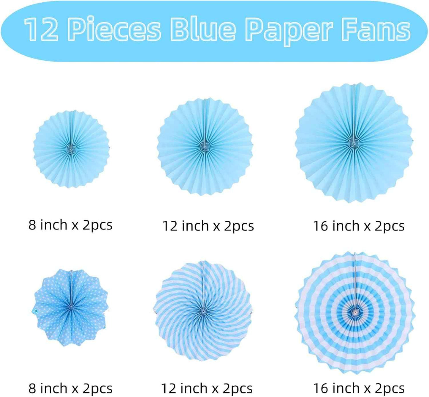 12PCS Light Blue Party Decorations, Hanging Paper Fans Party Set Round Pattern Paper Garlands Decoration for Baby Boy Shower Boy Birthday Graduation Bachelorette