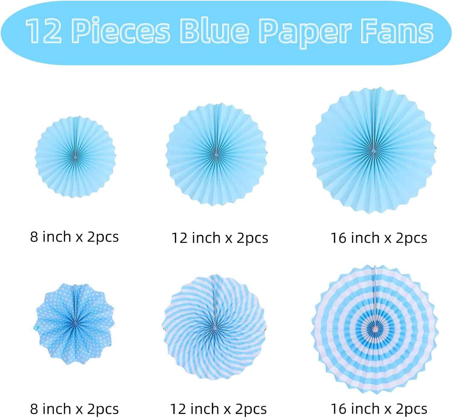 12PCS Light Blue Party Decorations, Hanging Paper Fans Party Set Round Pattern Paper Garlands Decoration for Baby Boy Shower Boy Birthday Graduation Bachelorette