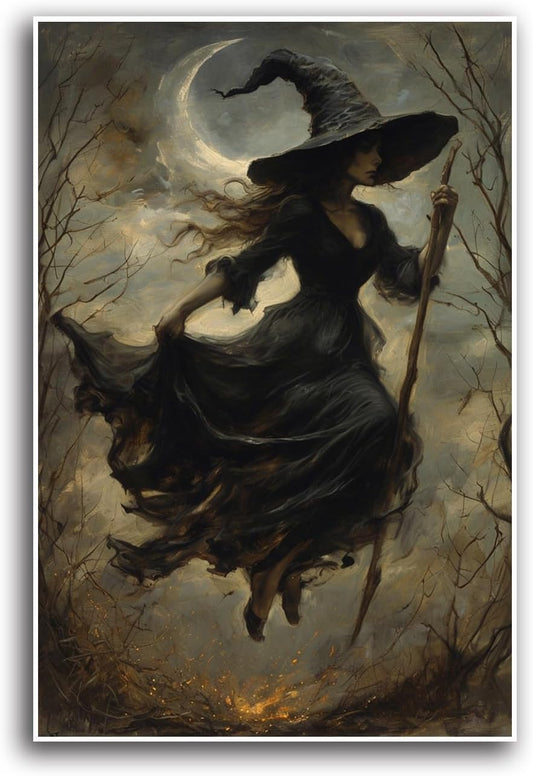 JFHCQJPK Witch in the Forest Halloween Print Wall Art Poster Witch Decor Vintage Print Dark College Wall Art Victorian Gothic Room Decor Canvas Wall Print8x12in Frameless