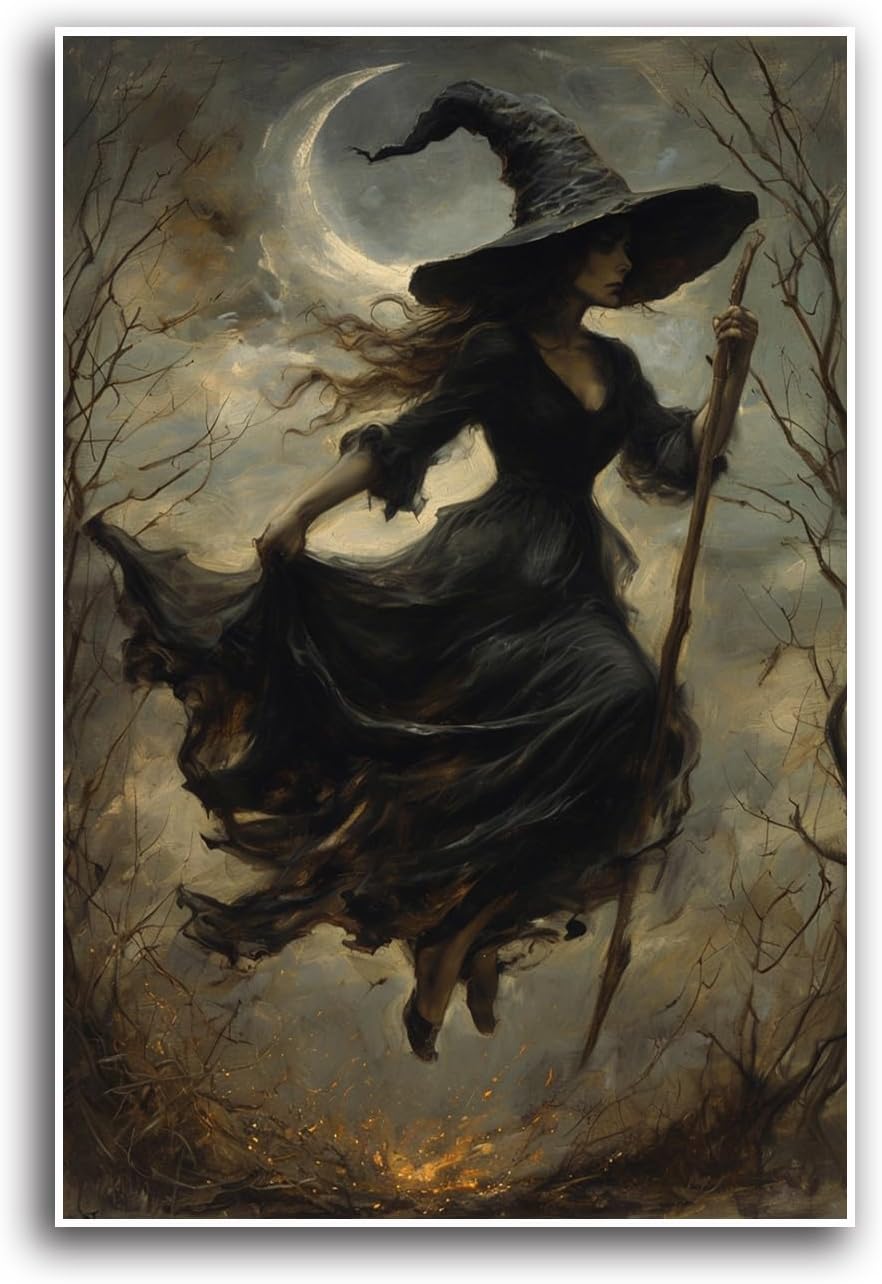 JFHCQJPK Witch in the Forest Halloween Print Wall Art Poster Witch Decor Vintage Print Dark College Wall Art Victorian Gothic Room Decor Canvas Wall Print16x24in Frameless