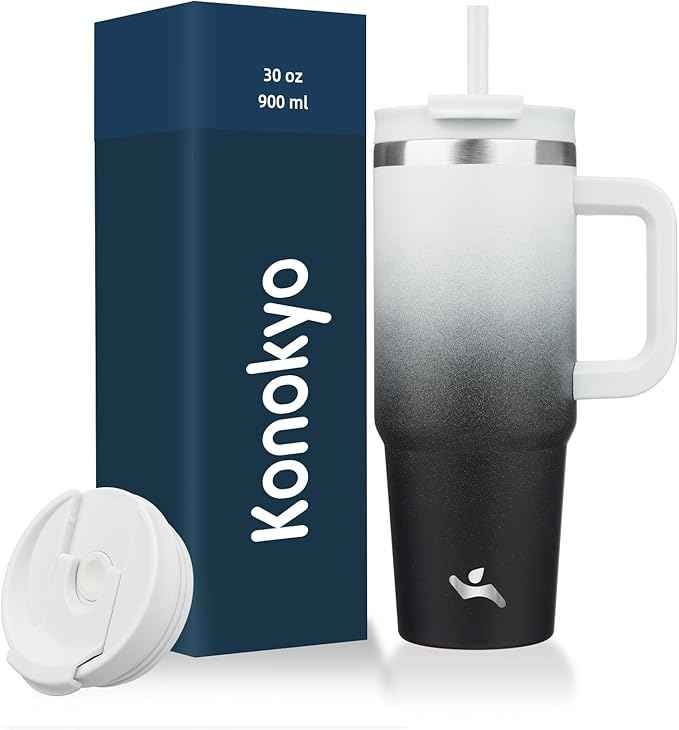 Konokyo 30 oz Tumbler with Handle and 2 Straws,2 in 1 Lid Insulated Water Bottle Stainless Steel Travel Coffee Mug,Day Night
