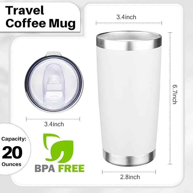 20oz Tumbler with Lid Double Wall Vacuum Insulated Travel Coffee Mug Stainless Steel Thermal Cup Powder Coated Sturdy Coffee Tumbler Bulk for Hot and Cold Beverage (White,6)