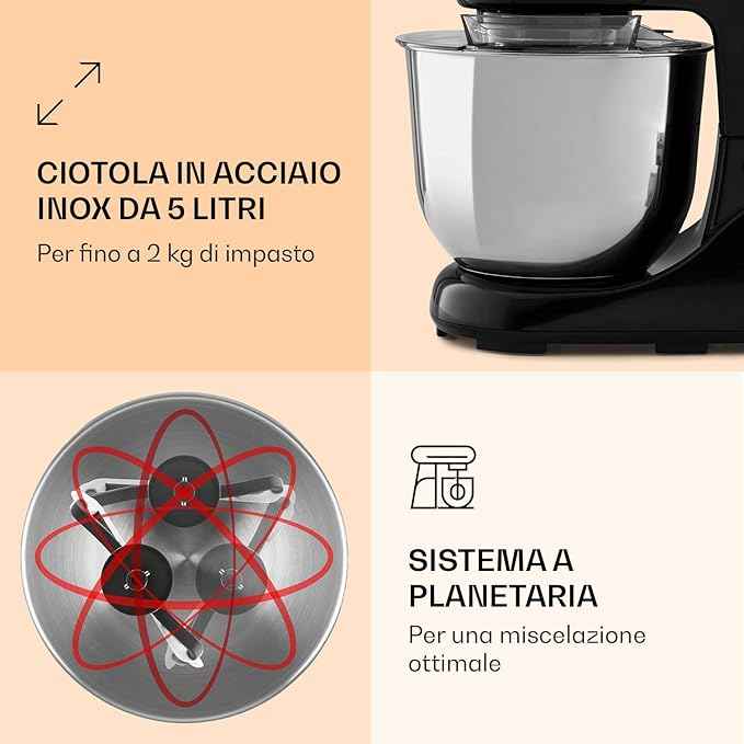 Klarstein Bella Pico 2G Kitchen Maker Food Processor Mixer with Kneading, 6 Power Levels with Pulse Function, Planetary Stirring System, 5L Stainless Steel Bowl, 3-Piece, 1300 W / 1.7 PS, Black