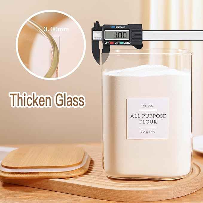 2 Pack Square Glass Flour and Sugar Containers with 132 Kitchen Pantry Labels - Thicken 120 FL OZ Large Glass Storage Jars with Airtight Bamboo Lid - Big Food Canisters for Cookies, Rice, Coffee