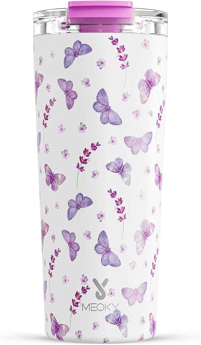 Meoky 24 oz Travel Coffee Mug with Leak-proof Lid, Stainless Steel Insulated Coffee Tumbler, Keeps Hot for 8 Hours or Cold for 24 Hours, Fits in Car Cup Holder (Lavender Butterfly)