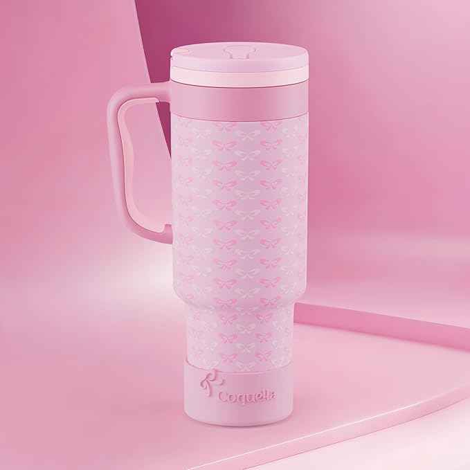 40 oz Insulated Tumbler with Handle and Push-Button Straw Lid, Stainless Steel Travel Cup for Gym Office, Leakproof, BPA-Free, Cup Holder Friendly, Bow Silicone Boot, Pink (Coquette Candy)