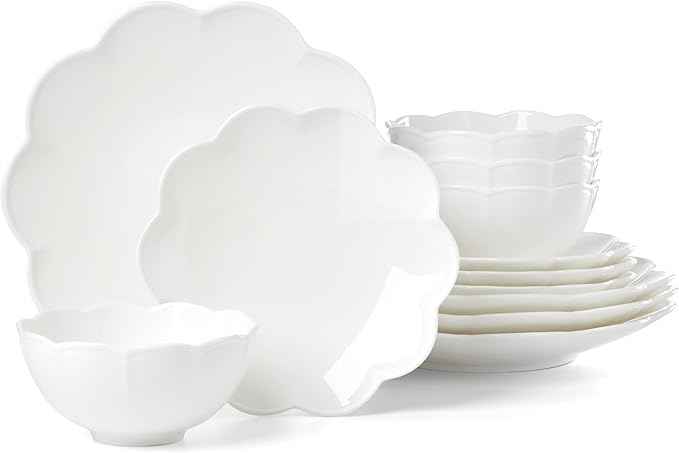 Lenox Dinnerware Set, Studio 1414 Scallop 12-Piece Set, Service For 4, Bone China Material, Dishwasher & Microwave Safe, Home And Kitchen, Kitchen And Dining, Plates And Bowls Sets (White, 12 Pieces)
