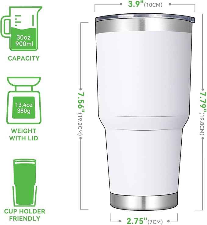 DOMICARE 30 oz Tumbler with Lid and Straw, Stainless Steel Tumblers Bulk, Insulated Vacuum Double Wall Travel Coffee Mug, Durable Powder Coated Tumbler Cup (White, 1)