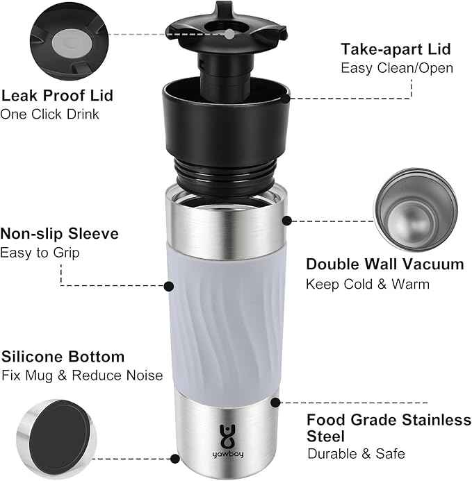 Travel Coffee Mug with 360°Lid, Travel Coffee Tumbler 16 oz Leak Proof, Stainless Steel Insulated Travel Mugs for Hot and Cold Spill Proof Leak Proof(Grey)