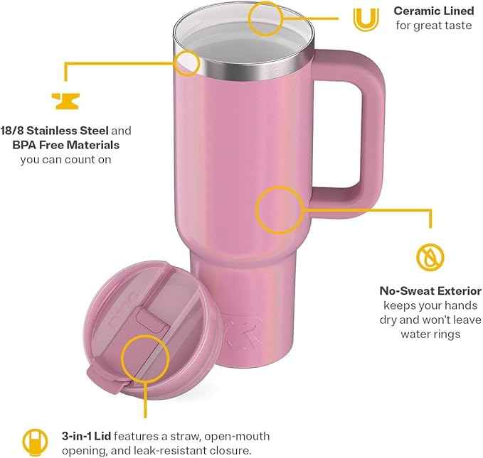 RTIC 40 oz Road Trip Tumbler Double-Walled Cermaic Lined Insulated Stainless Steel Portable Travel Coffee Mug Cup with Lid, Handle and Straw, Dusty Rose Glitter