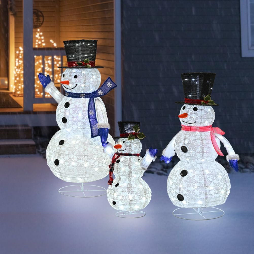 3 Piece Pre-lit Christmas Snowman Family, 270 LED 3D 2ft+3ft+5ft Lighted Snowman for Outdoor Indoor Xmas Decorations