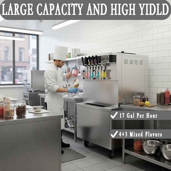 Commercial 7 Flavors Soft Serve Ice Cream Machine,17 Gal/H Yield Floor Stand Soft Ice Cream Maker,4+3 Mixed Frozen Yogurt Ice Cream Machine-Upper Tanks Refrigerated,For Restaurant Snack Bar