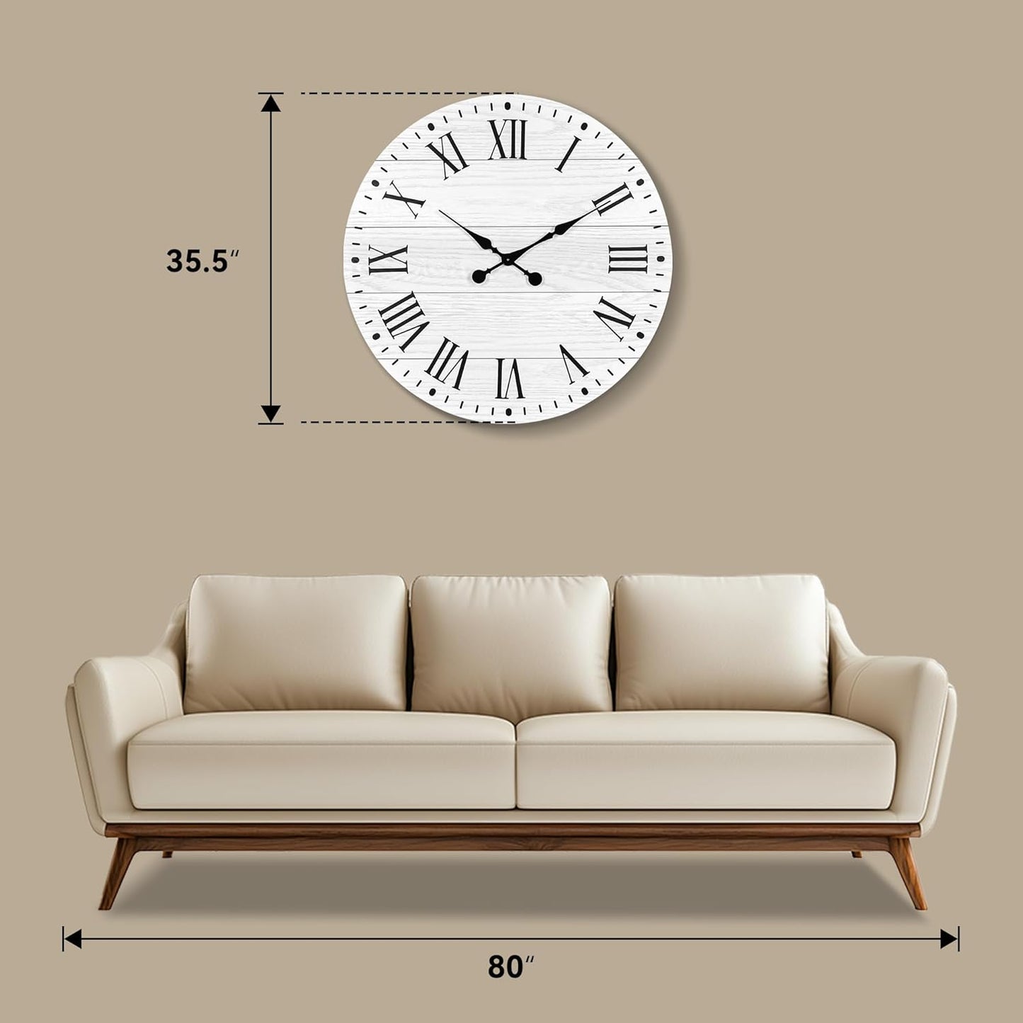Large Wall Clock with Roman Numeral, 35.5” Shiplap Wall Clock Farmhouse Nearly Non-Ticking, Round Clock for Living Room Decor, Office, Bedroom, Entrance, White