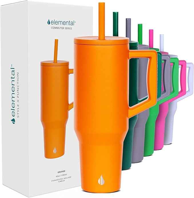 Elemental 40 oz Tumbler with Handle and Straw - Spill Proof Insulated Stainless Steel Commuter for Cold Beverages - Travel Coffee Mug with 2 Straws & Spill Proof Lid - 40oz - Orange