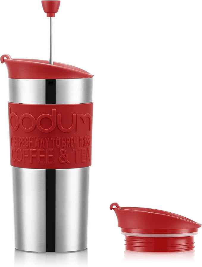 Bodum K11067-04 TRAVEL PRESS SET Vacuum Insulated Piston Mug, Double-Walled Stainless Steel, with Extra Lid, 0.35 L