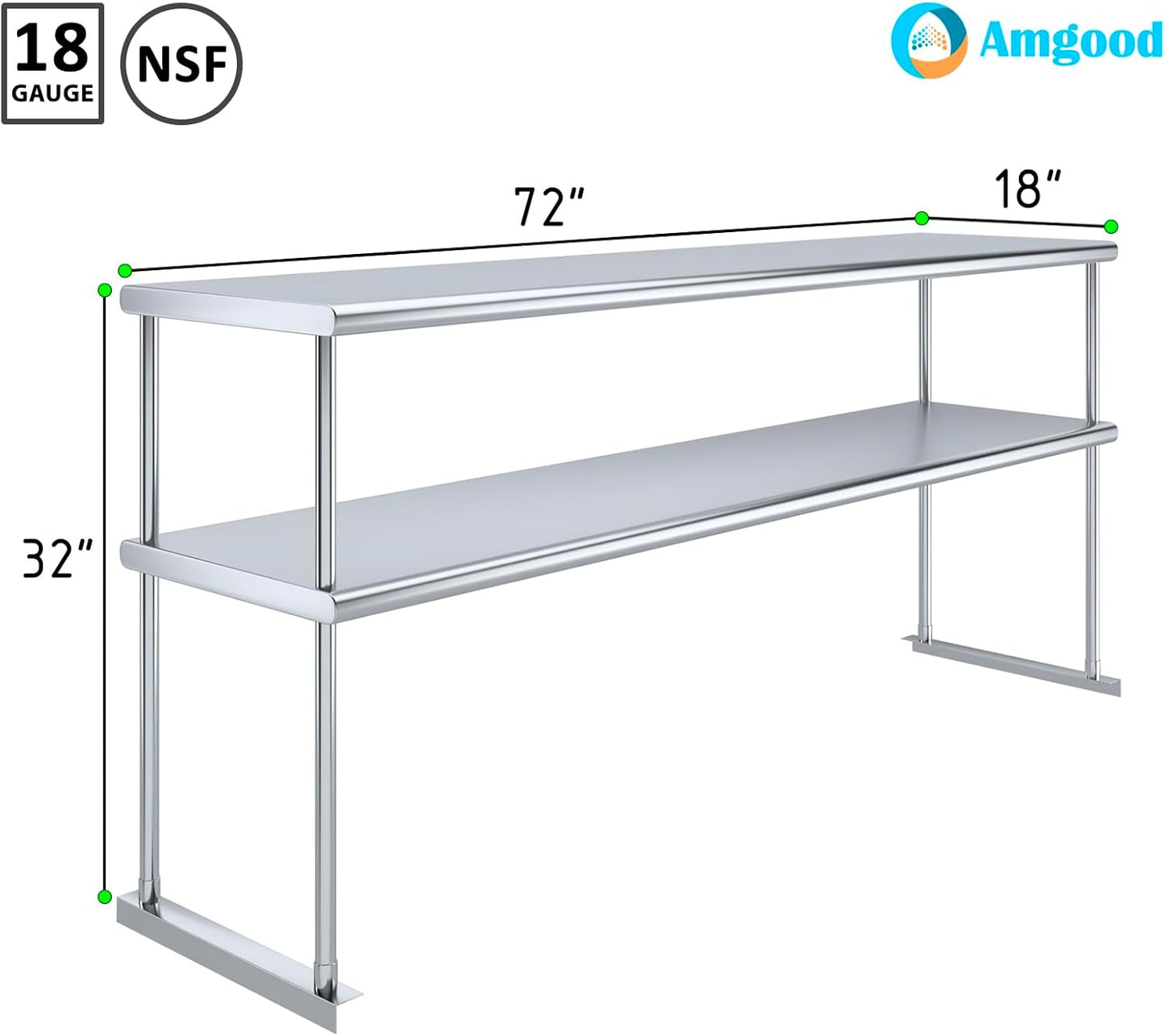 AmGood Stainless Steel Double-Tier Shelf | Work Table Overshelf | NSF Certified | Fits Over Tables | Many (72 in. Long x 18 in. Deep) - Lumora Casa