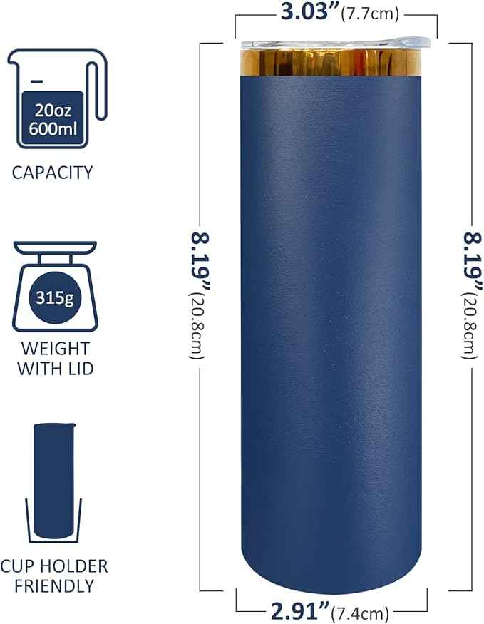 20 oz Skinny Tumblers Stainless Steel Tumbler with Lid and Straw Double Wall Vacuum Insulated Coffee Mug 20oz Powder Coated Cup for Hot and Cold Drinks(Navy,8 pack)