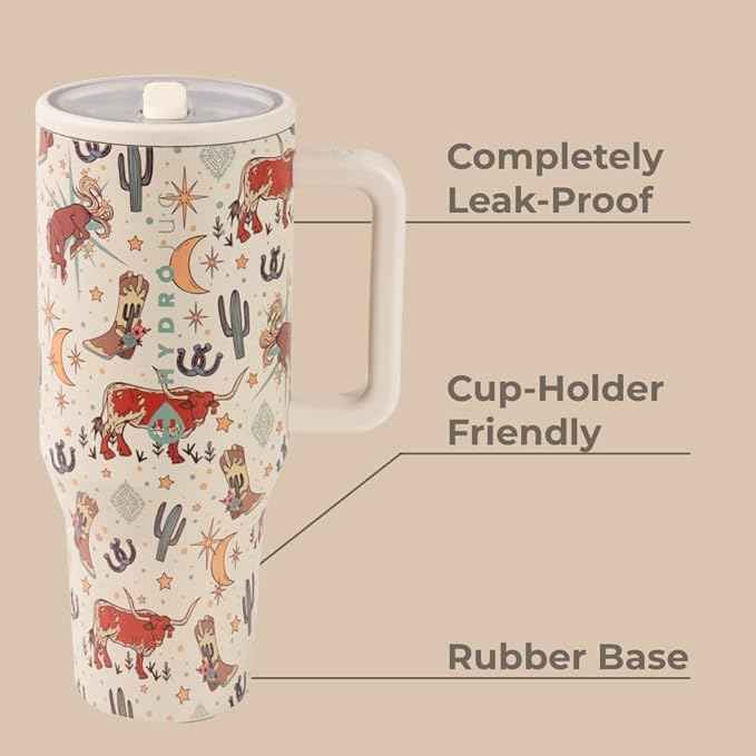 HydroJug Traveler - 40 oz Water Bottle with Handle & Flip Straw - Fits in Cup Holder, Leak Resistant Tumbler-Reusable Insulated Stainless Steel & Rubber Base - Gifts for Women & Men, Rodeo