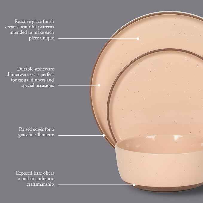 Gibson Elite Northrock Stoneware Dinnerware Set, 12-Piece Service for 4 Plates and Bowls Set – Pink Dishes with Hand-Painted Terracotta Base