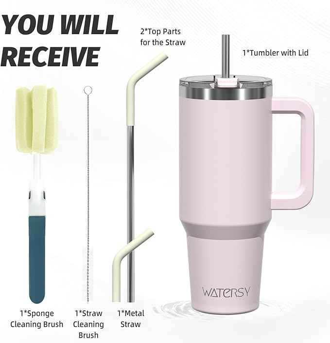 40 oz Tumbler with Handle,Tumbler with Lid and Straw,Double Wall Insulated Cup Stainless Steel Travel Mug(Cold for 34 Hours),Water Bottle for Iced Tea,Coffee,Cold Beverages(Rose Quartz)
