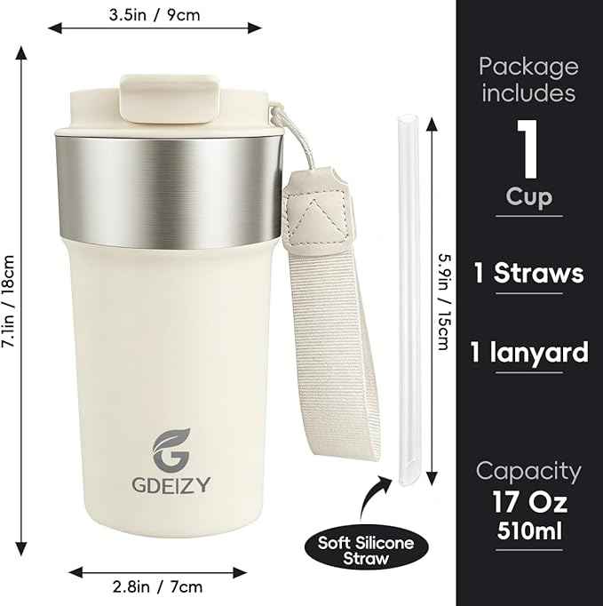 Insulated Coffee Mug, 17oz Stainless Steel Travel Mug with Flip-Top Straw Lid, Leak Proof Vacuum Insulated Tumbler, Reusable Coffee Cup for Hot & Cold Drinks, Milky White
