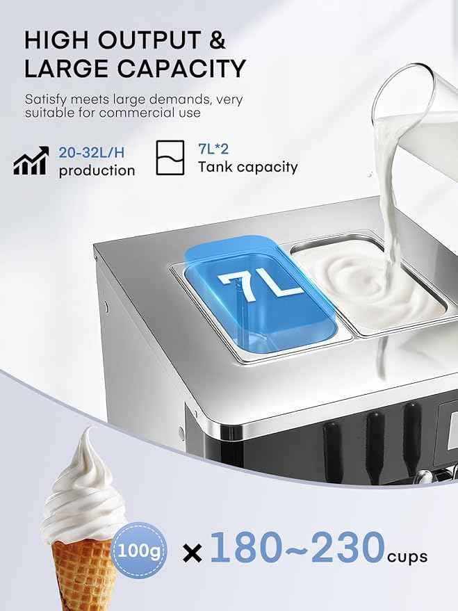 Commercial Ice Cream Machine 5.8-7.9 Gal/h, 3 Flavors Soft Serve Ice Cream Machine with 14L Hopper, Auto Clean Ice Cream Maker With Touch LCD Panel for Snack Restaurants Bars, 2200W