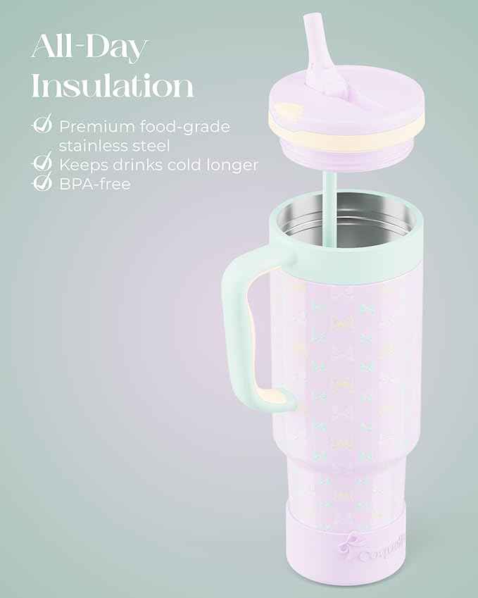 40 oz Insulated Tumbler with Handle and Push-Button Straw Lid, Stainless Steel Travel Cup for Gym Office, Leakproof, BPA-Free, Cup Holder Friendly, Bow Silicone Boot, Purple (Bow Lilac)