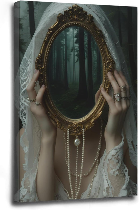 Mirror face covering dark art poster print melancholy gothic painting vintage feminine print victorian style decoration antique art8x12in Wood Framed