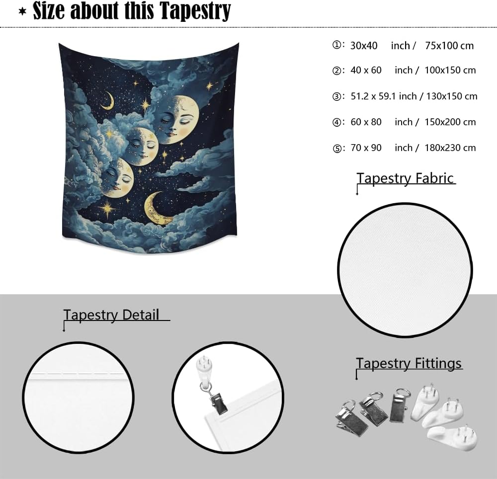 Blue Moon Faces Tapestry Celestial Wall Art Dark Academia Aesthetic Print Stars Clouds Tapestries Wall Hanging whimsical Gothic Home Decor for Bedroom Living Room 50x60inch