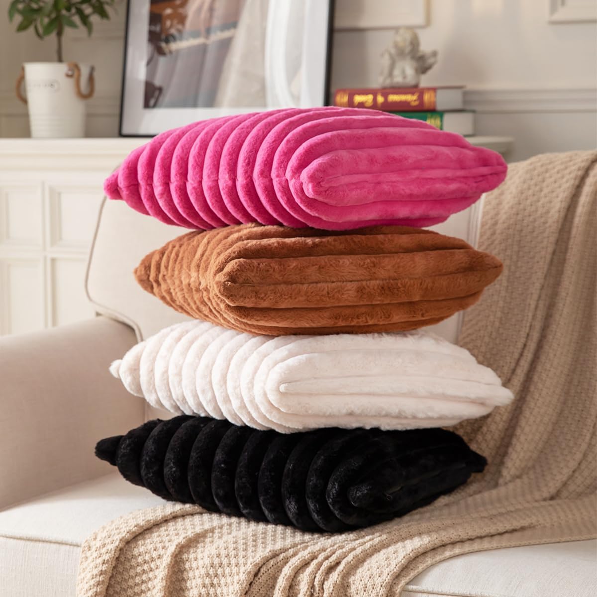 DEELAND Pack of 2,Double-Sided Faux Fur Plush Decorative Throw Pillow Covers Fuzzy Striped Soft Pillowcase Cushion Covers for Sofa Couch Bedroom Black 20x20 inch