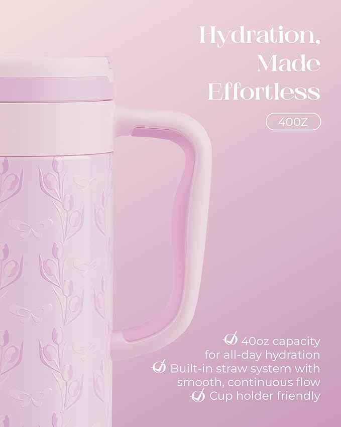 40 oz Insulated Tumbler with Handle and Push-Button Straw Lid, Stainless Steel Travel Cup for Gym Office, Leakproof, BPA-Free, Cup Holder Friendly, Bow Silicone Boot, Purple (Tulip Lilac)