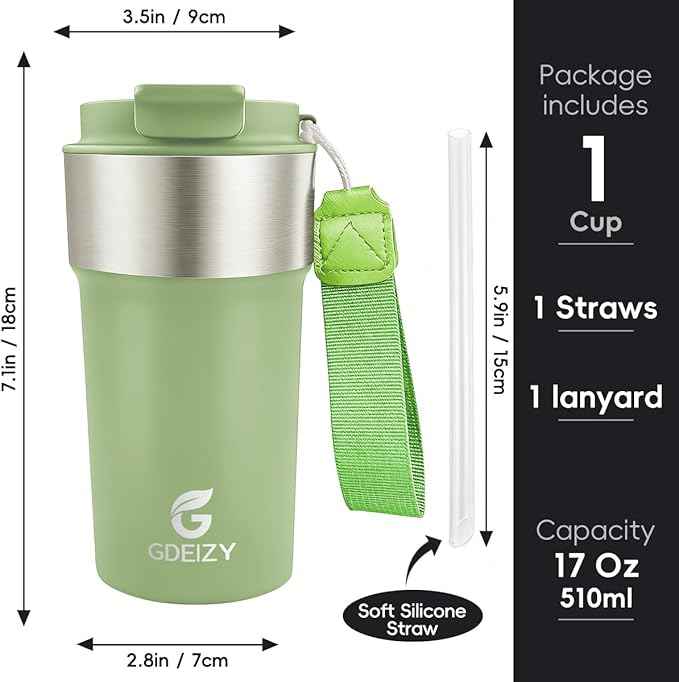 Insulated Coffee Mug, 17oz Stainless Steel Travel Mug with Flip-Top Straw Lid, Leak Proof Vacuum Insulated Tumbler, Reusable Coffee Cup for Hot & Cold Drinks, Avocado Green