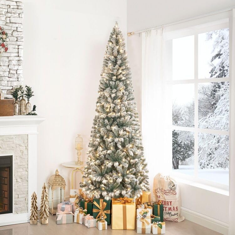 Naomi Home 7.5ft Slim Snow Flocked Christmas Tree with Lights,Realistic Frosted Skinny Pencil Prelit with 1102 Branch Tips, 350 Warm Lights & Metal Stand, Aritificial Tree