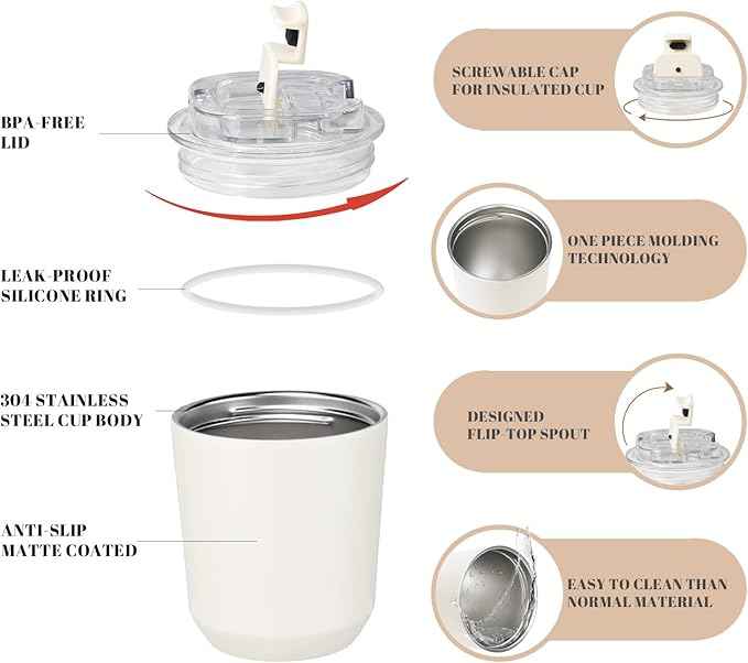 Puraville Insulated Tumblers with Lid, 10 oz Travel Coffee Mug Stainless Steel Vacuum Cup, Leak Proof Reusable Double Walled Coffee Tumbler for Iced and Hot Drinks, Cream