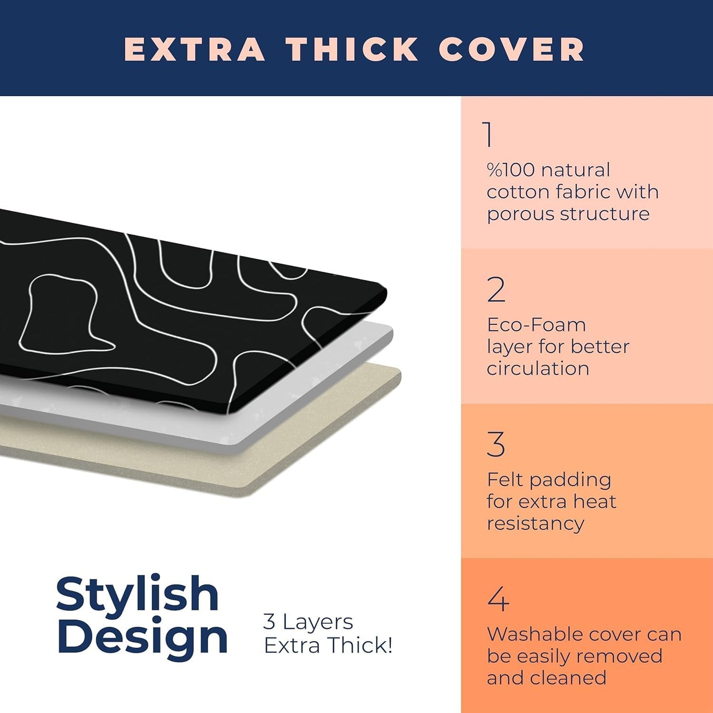 Ironing Board, Compact and Space Saver Ironing Board with Extra Thick 3 Layers Cover, Height Adjustable, Easy Storage with Smart Hanger and Heavy Duty Steel Legs, Black (13x43)