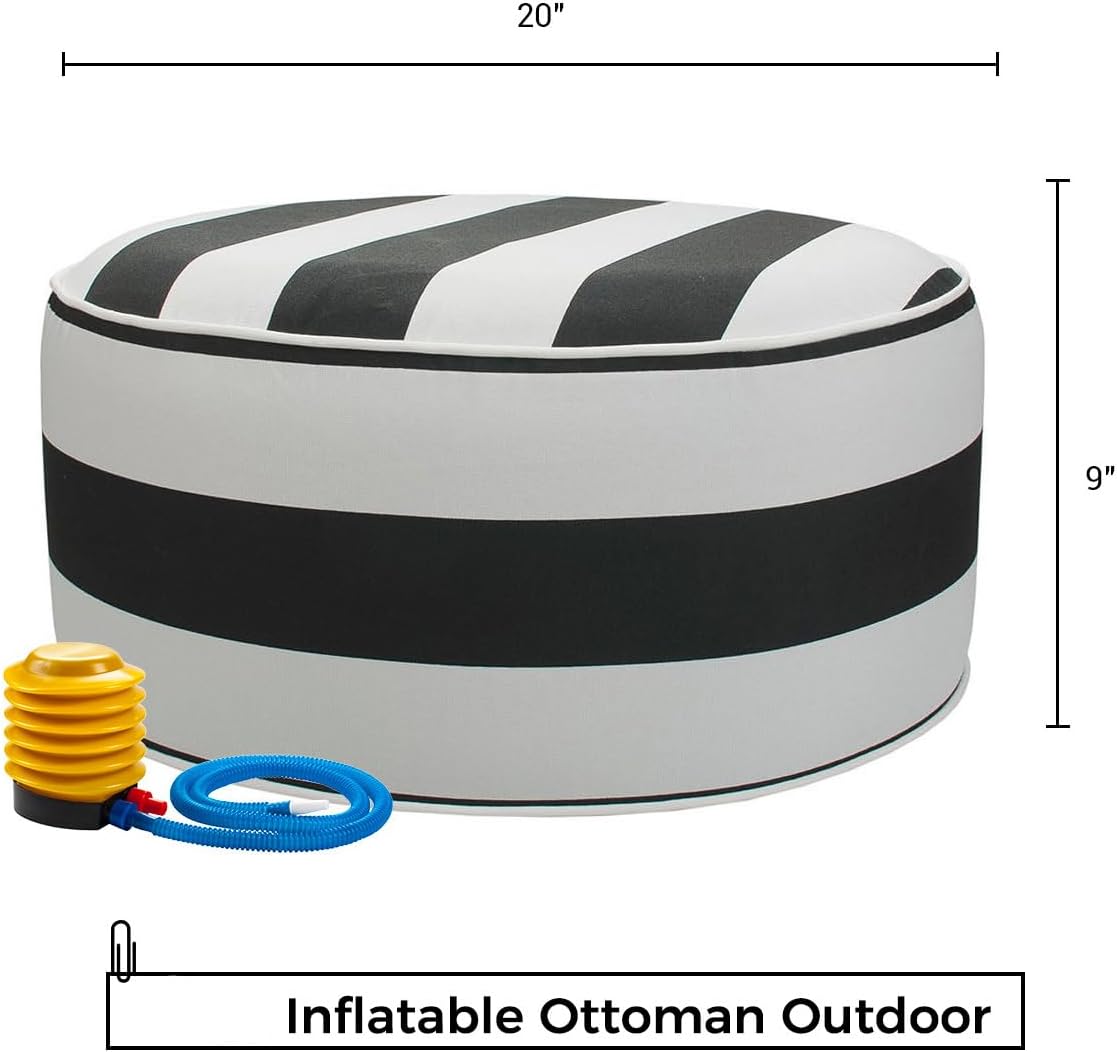 Inflatable Outdoor Ottoman with Air Pump,20"x9" Portable Patio Pouf,Water Resistant,Fade-Resistant,Round Blow Up Footrest Stools for Home Garden Camping Travel(Black White)
