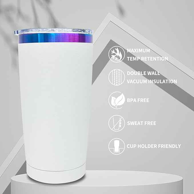 20 oz Tumbler Stainless Steel Tumbler with Lid and Straw, Double Wall Vacuum Insulated Travel Coffee Mug for Laser Engrave, Powder Coated Cup for Hot and Cold Drinks (White,1 pack)