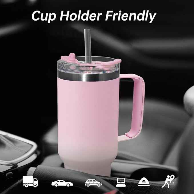 COKTIK 40 oz Tumbler With Handle and Straw, Insulated Tumbler With Leakproof Lids, Stainless Steel|BPA-Free, Cold for 24 H (Sakura)