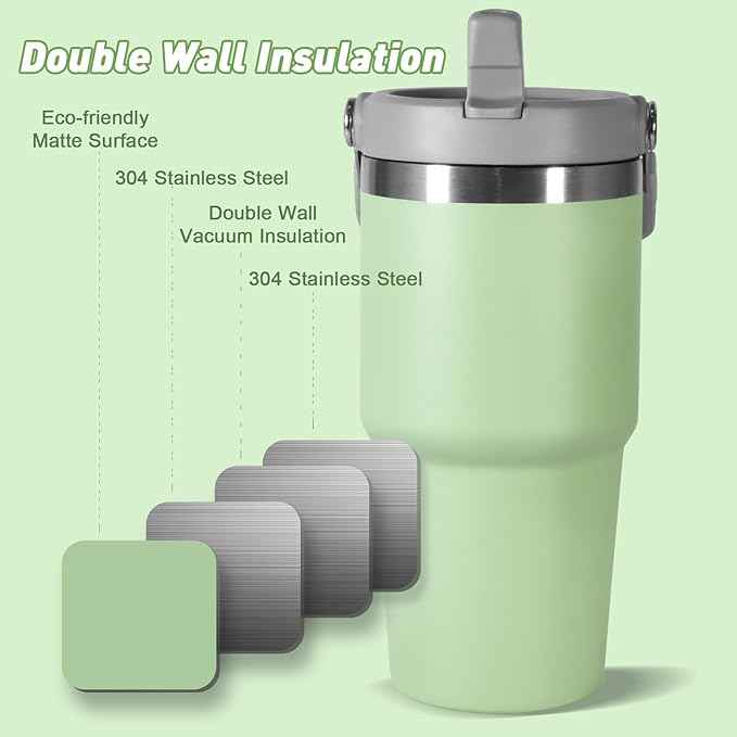 20 oz Tumbler with Handle, Insulated Tumbler with Lid and Flip Straw Leak Proof Double Wall Stainless Steel Vacuum Travel Coffee Mug Insulated Water Bottle Thermal Cup, Cupholder Friendly, Green