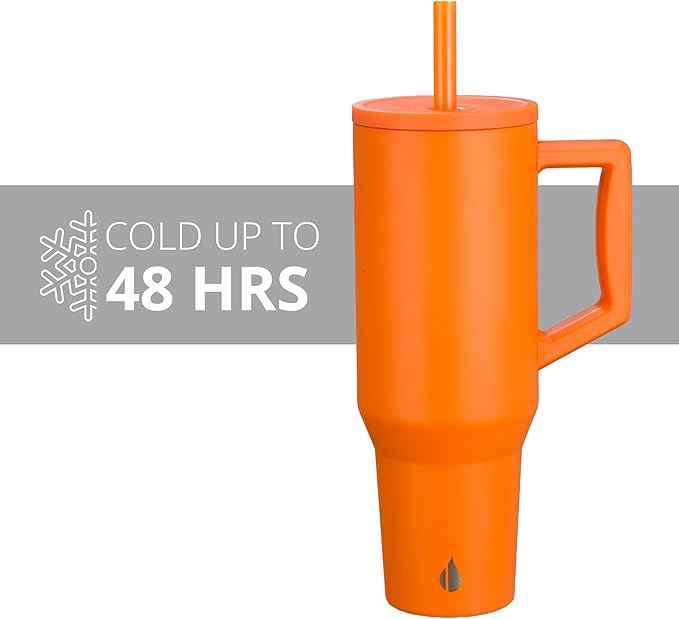 Elemental 40 oz Tumbler with Handle and Straw - Spill Proof Insulated Stainless Steel Commuter for Cold Beverages - Travel Coffee Mug with 2 Straws & Spill Proof Lid - 40oz - Orange